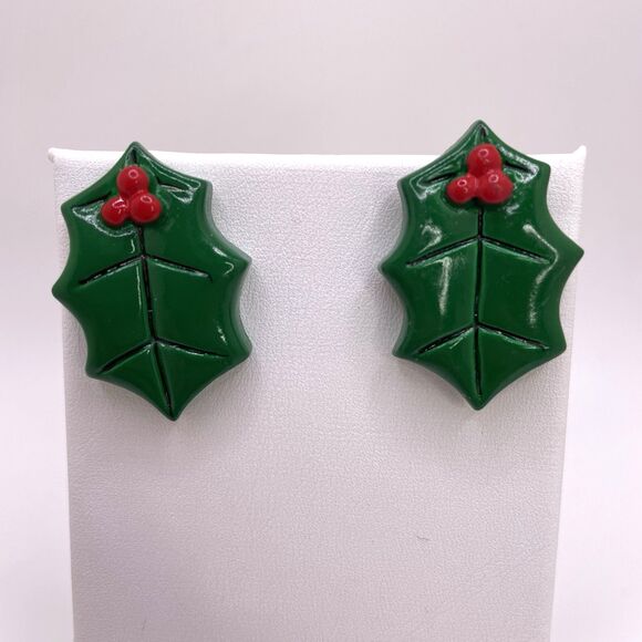 Christmas Earrings Studs Set of 2 Holly & Santa Red Green Cute Festive Jewelry - Picture 3 of 5
